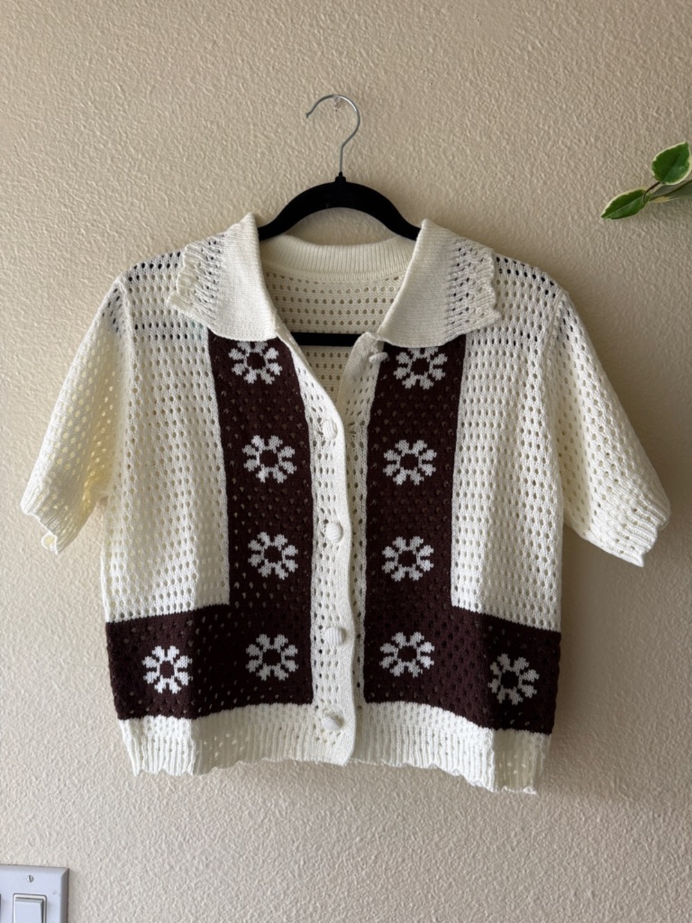 White and Brown Floral Crochet Button-Up Top